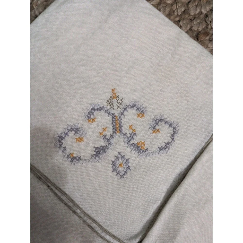 Vintage Linen Dinner Napkins Set Of 4 Cross Stitch Embroidery Blue Gold Metallic